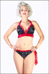 Frilly Black and Red Side Tie Bra and Knickers Set