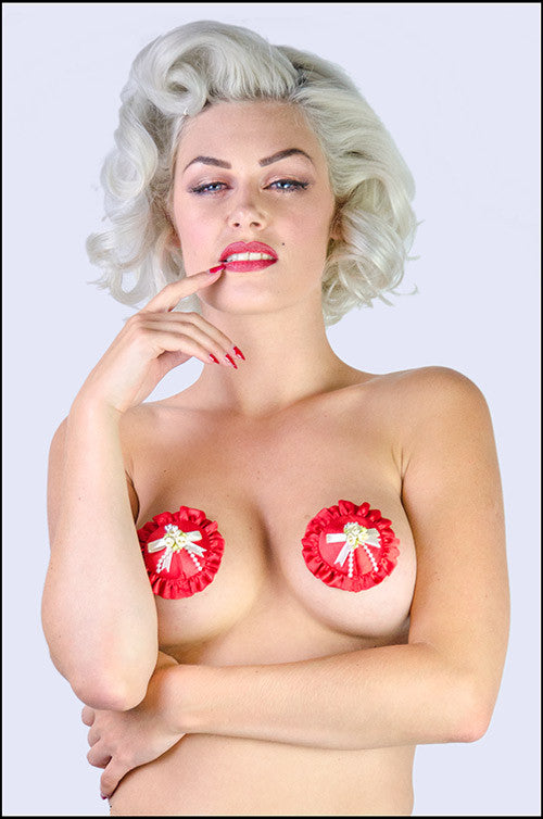 Red tassel nipple covers with white bows