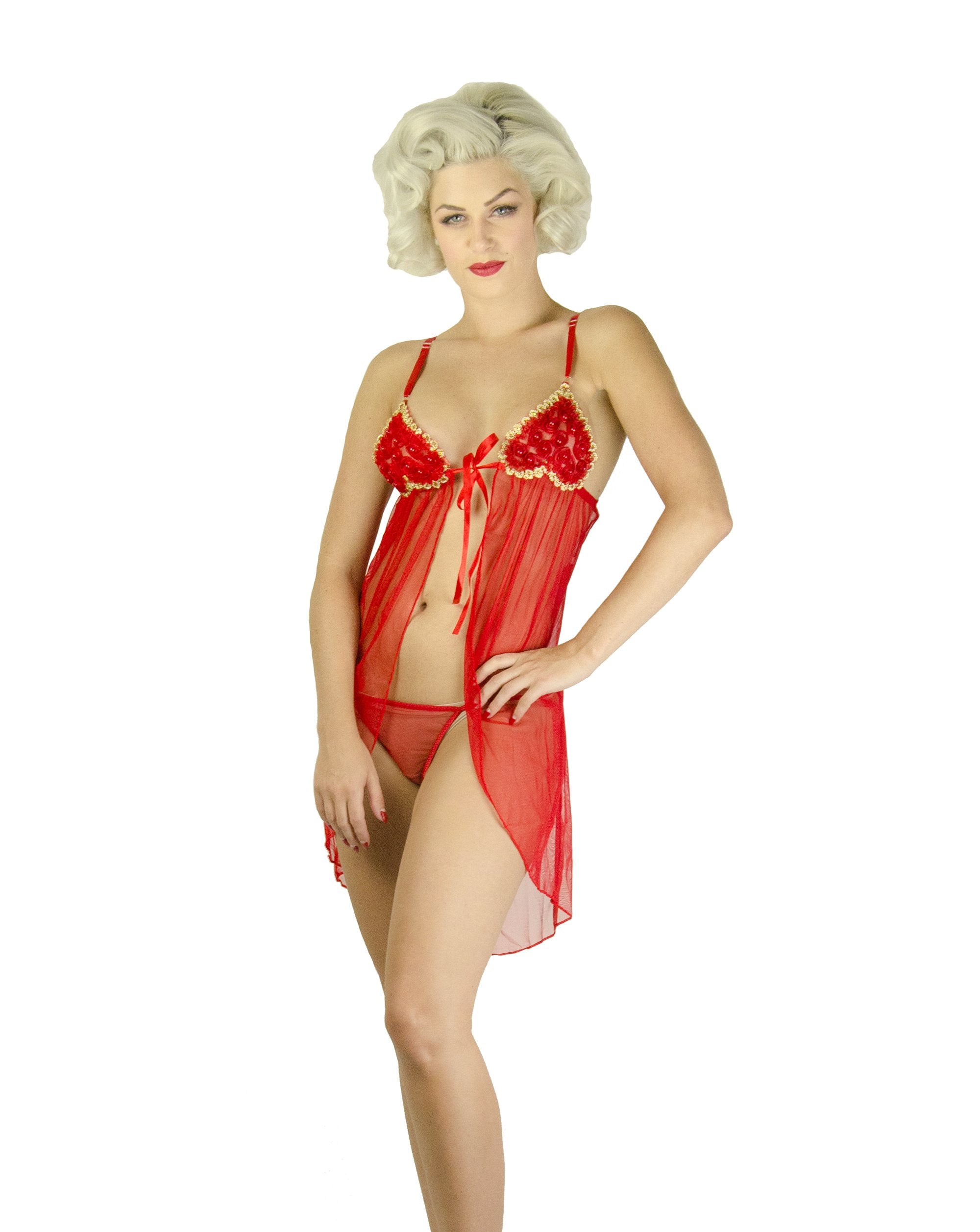Red babydoll with heart-shaped bra cups