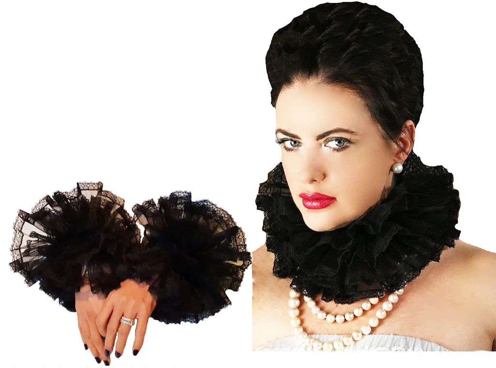 Mary Ruff Set - Elizabethan era neck ruff and Wrist Cuffs Set, Wrist Ruff Ruffled Lace Circus