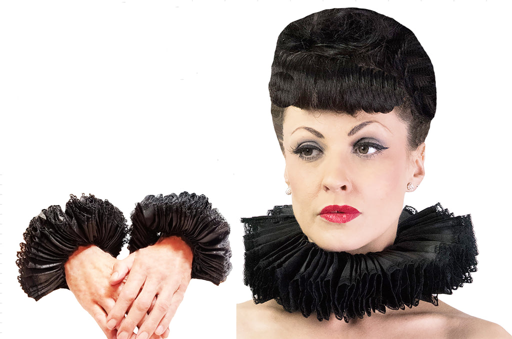 Tudor Neck Ruff Set - Elizabethan era neck ruff and Wrist Cuffs Set, Wrist Ruff Ruffled Lace Circus Costume, Pierrot Clown  Ruff, Elizabethan Ruff Accessories (Copy)