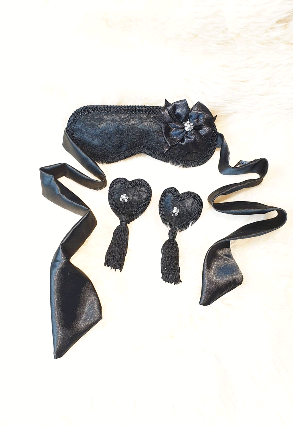 Satin and Lace Eye Mask and Nipple Tassel Set