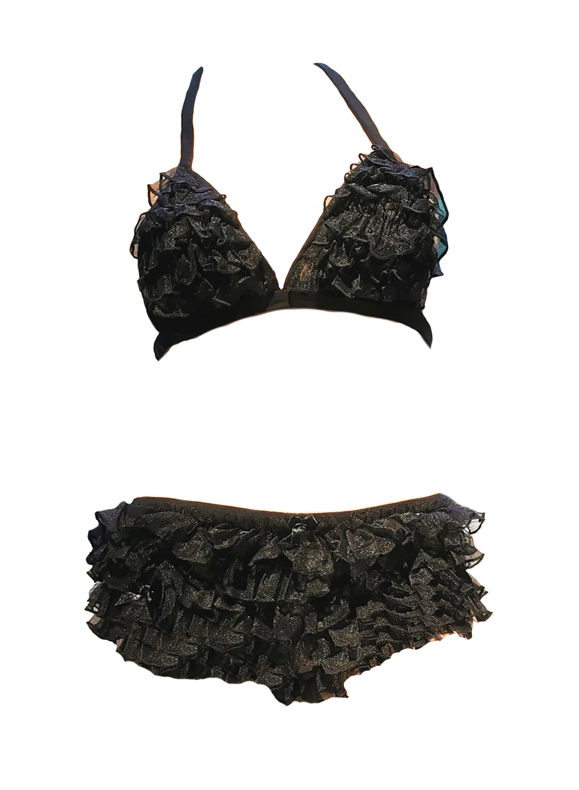 Ruffled black bra and knickers lingerie set with ribbons