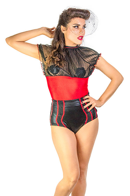 High waist, retro black hot pants made from synthetic leather for shine